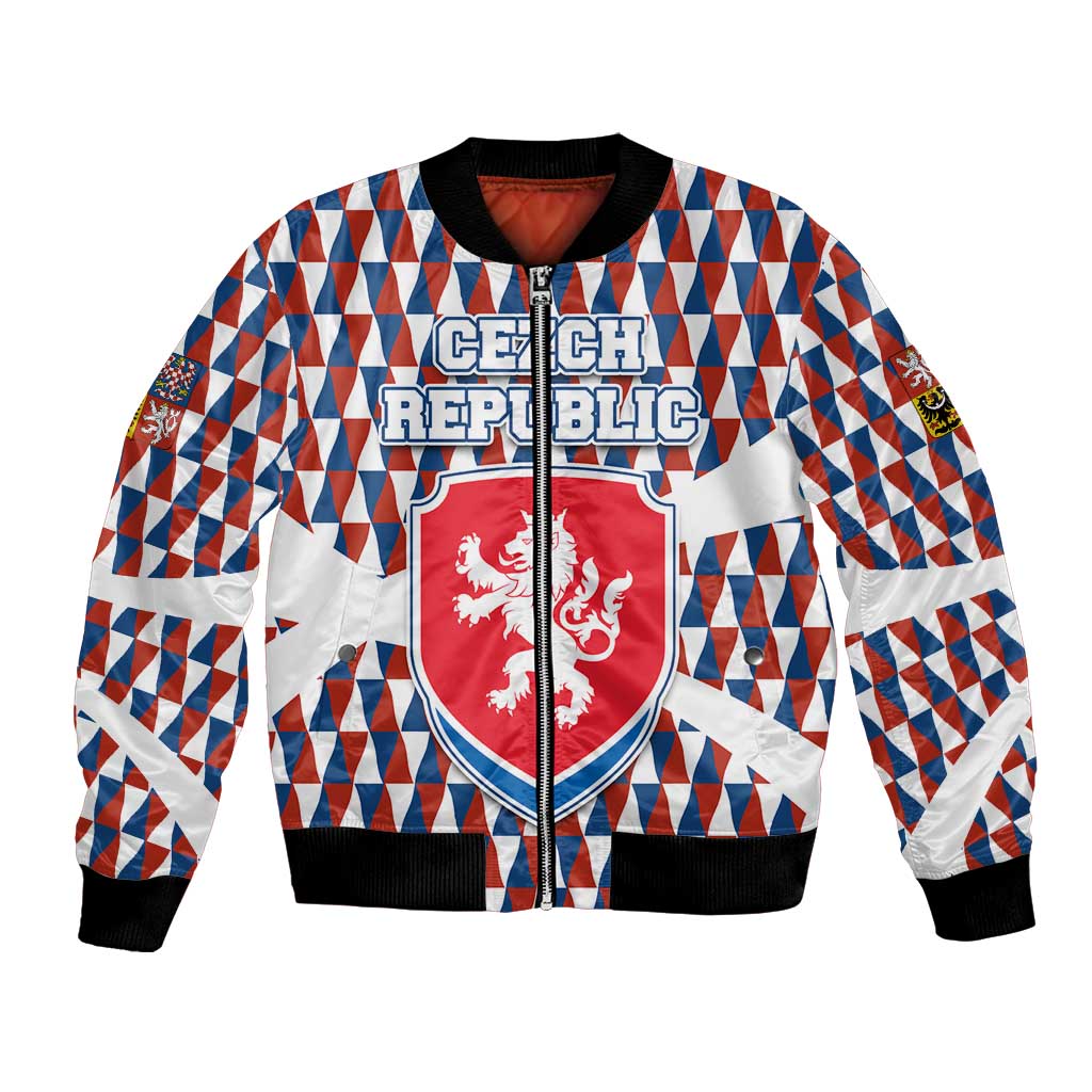 Czech Republic Bomber Jacket with Red Blue Geometric Design and National Lion Shield - Wonder Print Shop