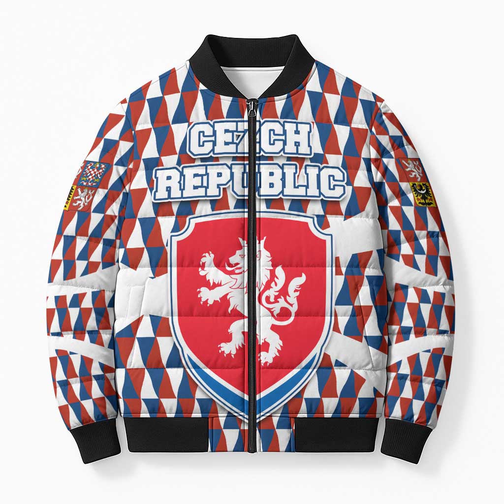 Czech Republic Bomber Puffer Jacket with Red Blue Geometric Design and National Lion Shield - Wonder Print Shop