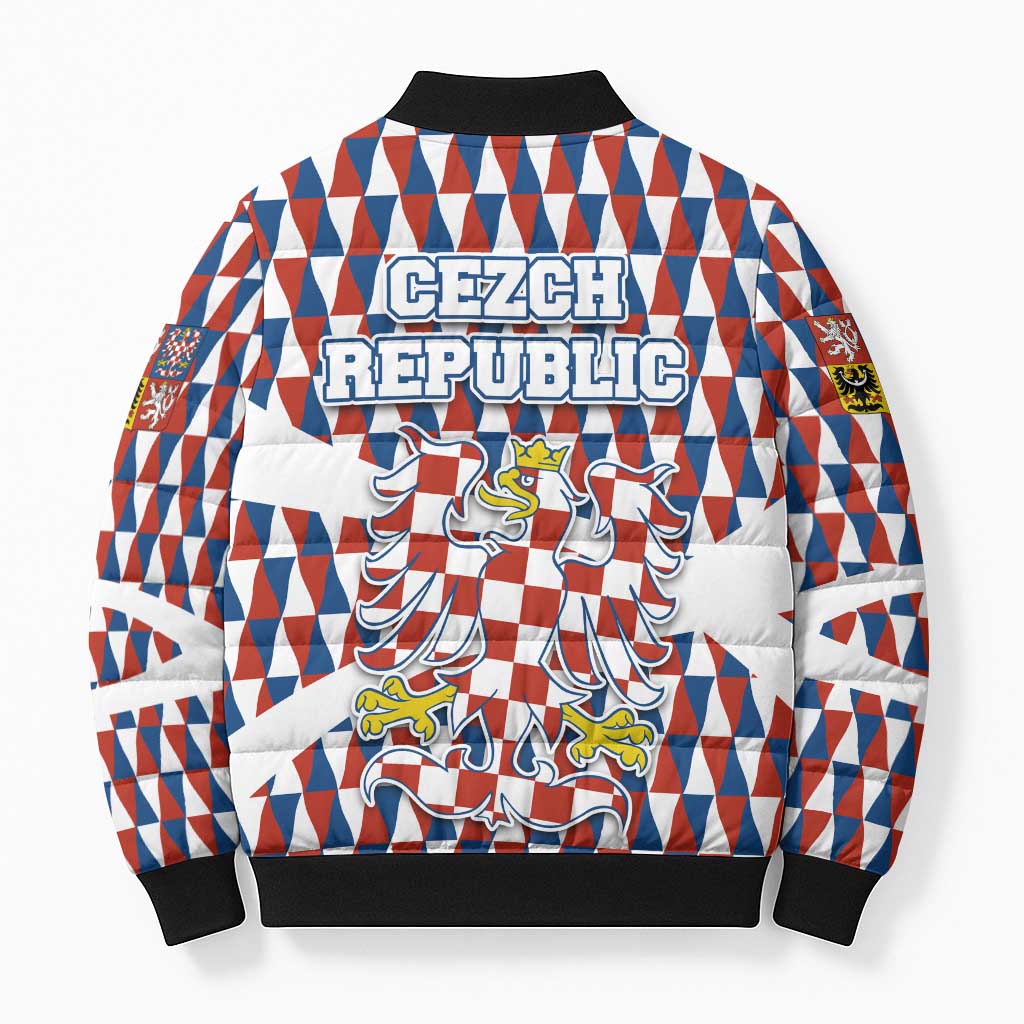 Czech Republic Bomber Puffer Jacket with Red Blue Geometric Design and National Lion Shield - Wonder Print Shop