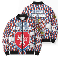 Czech Republic Bomber Puffer Jacket with Red Blue Geometric Design and National Lion Shield - Wonder Print Shop