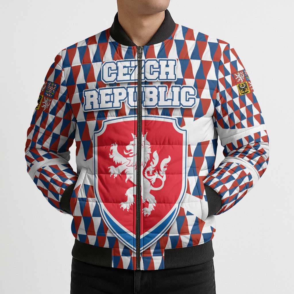 Czech Republic Bomber Puffer Jacket with Red Blue Geometric Design and National Lion Shield - Wonder Print Shop