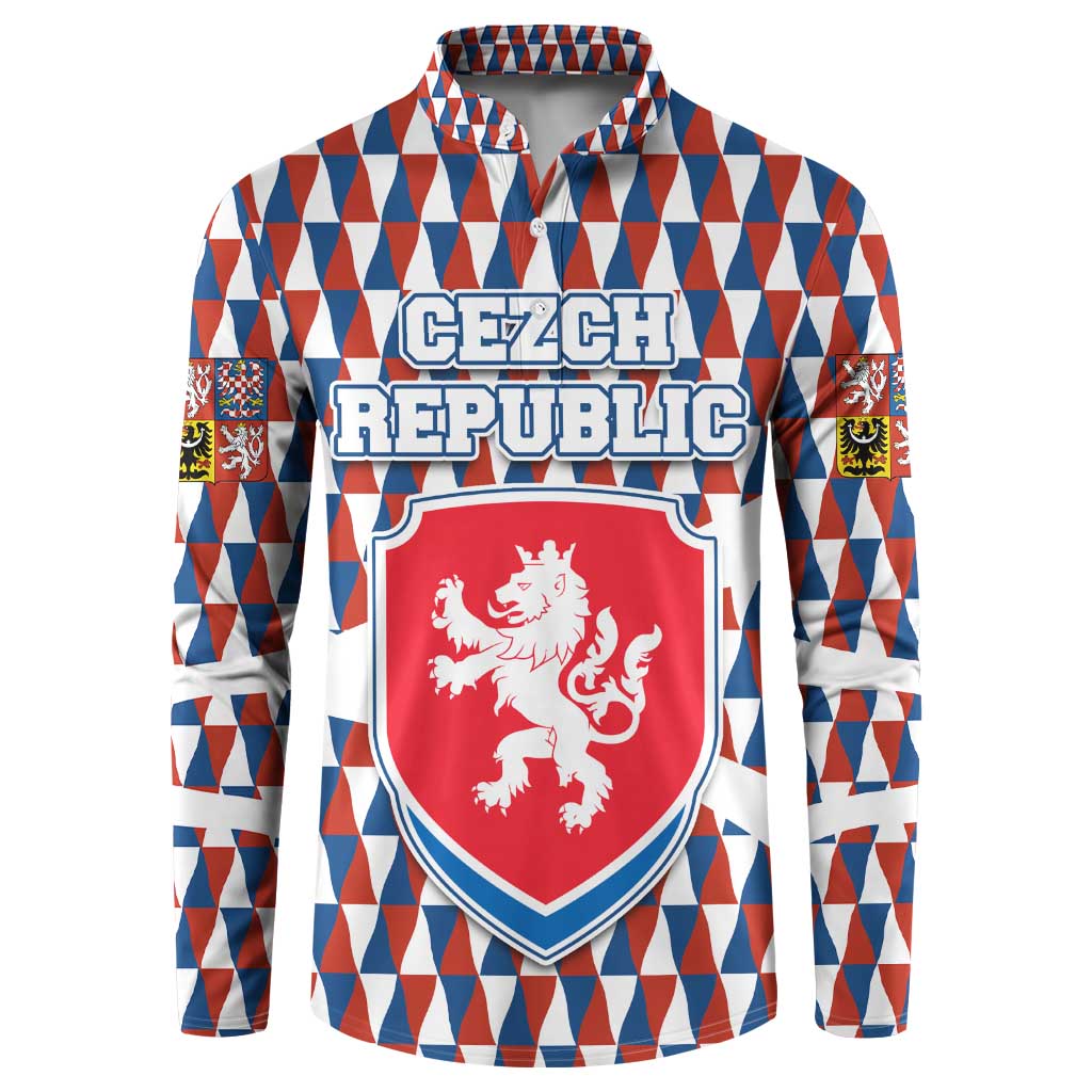 Czech Republic Button Sweatshirt with Red Blue Geometric Design and National Lion Shield - Wonder Print Shop