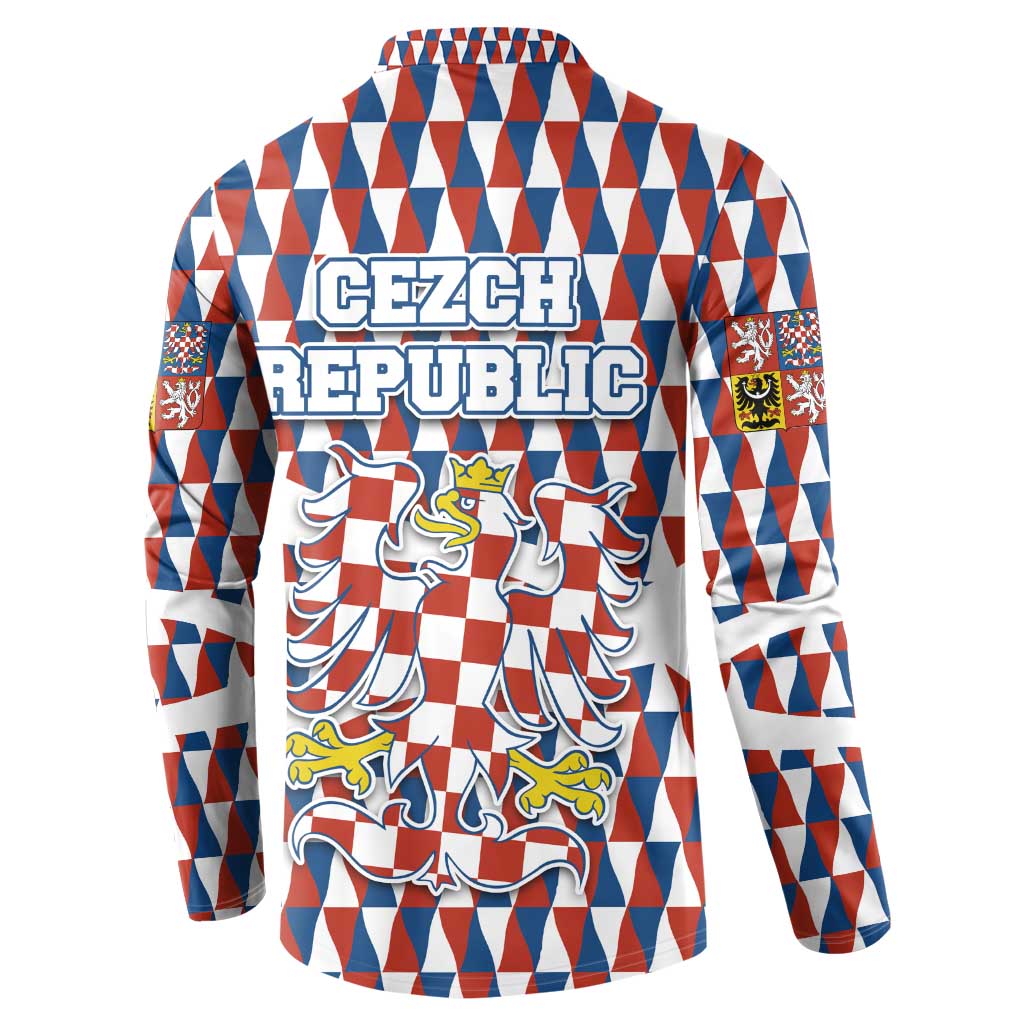 Czech Republic Button Sweatshirt with Red Blue Geometric Design and National Lion Shield - Wonder Print Shop
