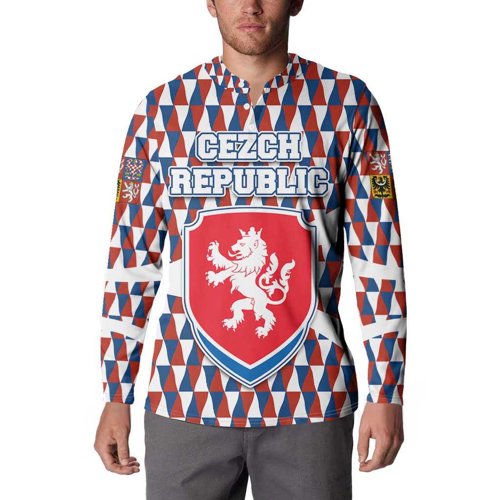 Czech Republic Button Sweatshirt with Red Blue Geometric Design and National Lion Shield - Wonder Print Shop