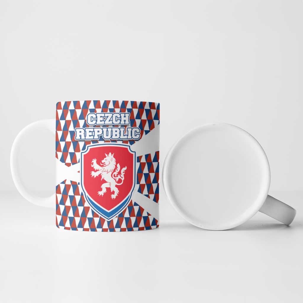Czech Republic Ceramic Mug with Red Blue Geometric Design and National Lion Shield - Wonder Print Shop