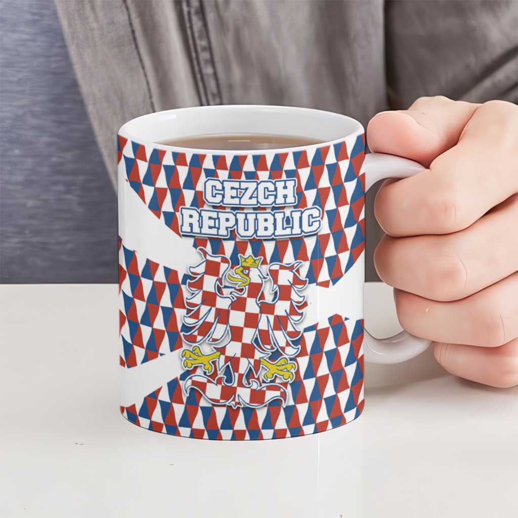 Czech Republic Ceramic Mug with Red Blue Geometric Design and National Lion Shield - Wonder Print Shop