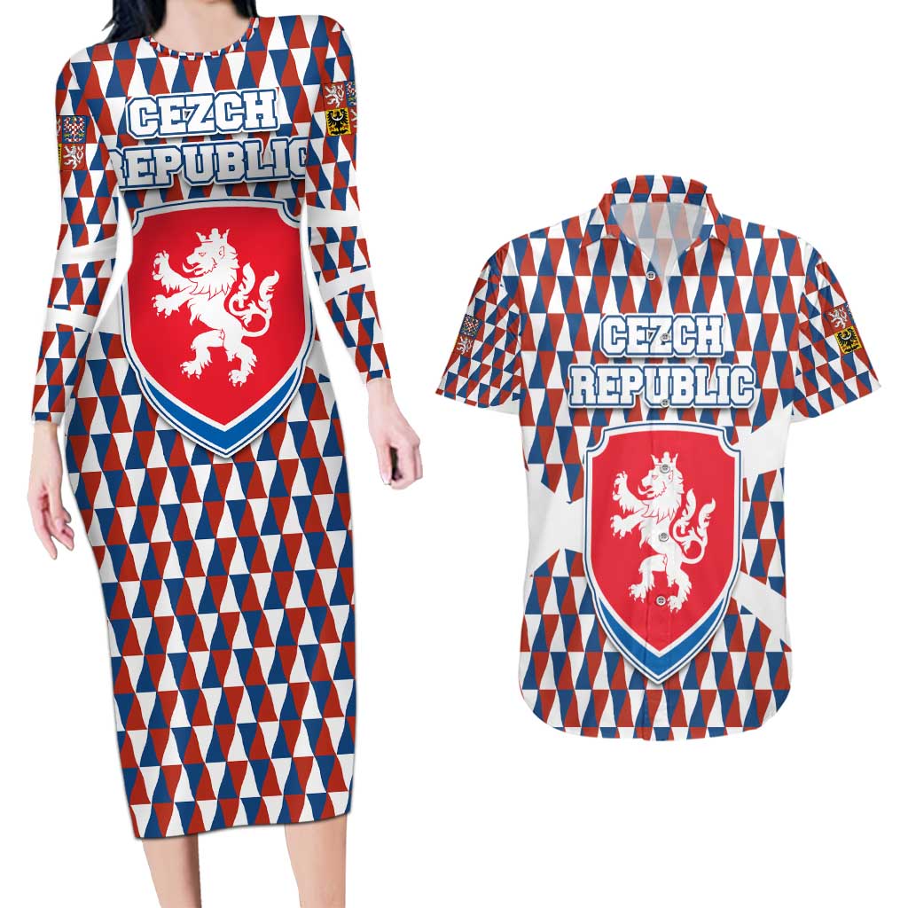Czech Republic Couples Matching Long Sleeve Bodycon Dress and Hawaiian Shirt with Red Blue Geometric Design and National Lion Shield - Wonder Print Shop