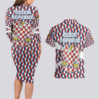 Czech Republic Couples Matching Long Sleeve Bodycon Dress and Hawaiian Shirt with Red Blue Geometric Design and National Lion Shield - Wonder Print Shop