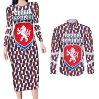 Czech Republic Couples Matching Long Sleeve Bodycon Dress and Long Sleeve Button Shirt with Red Blue Geometric Design and National Lion Shield - Wonder Print Shop