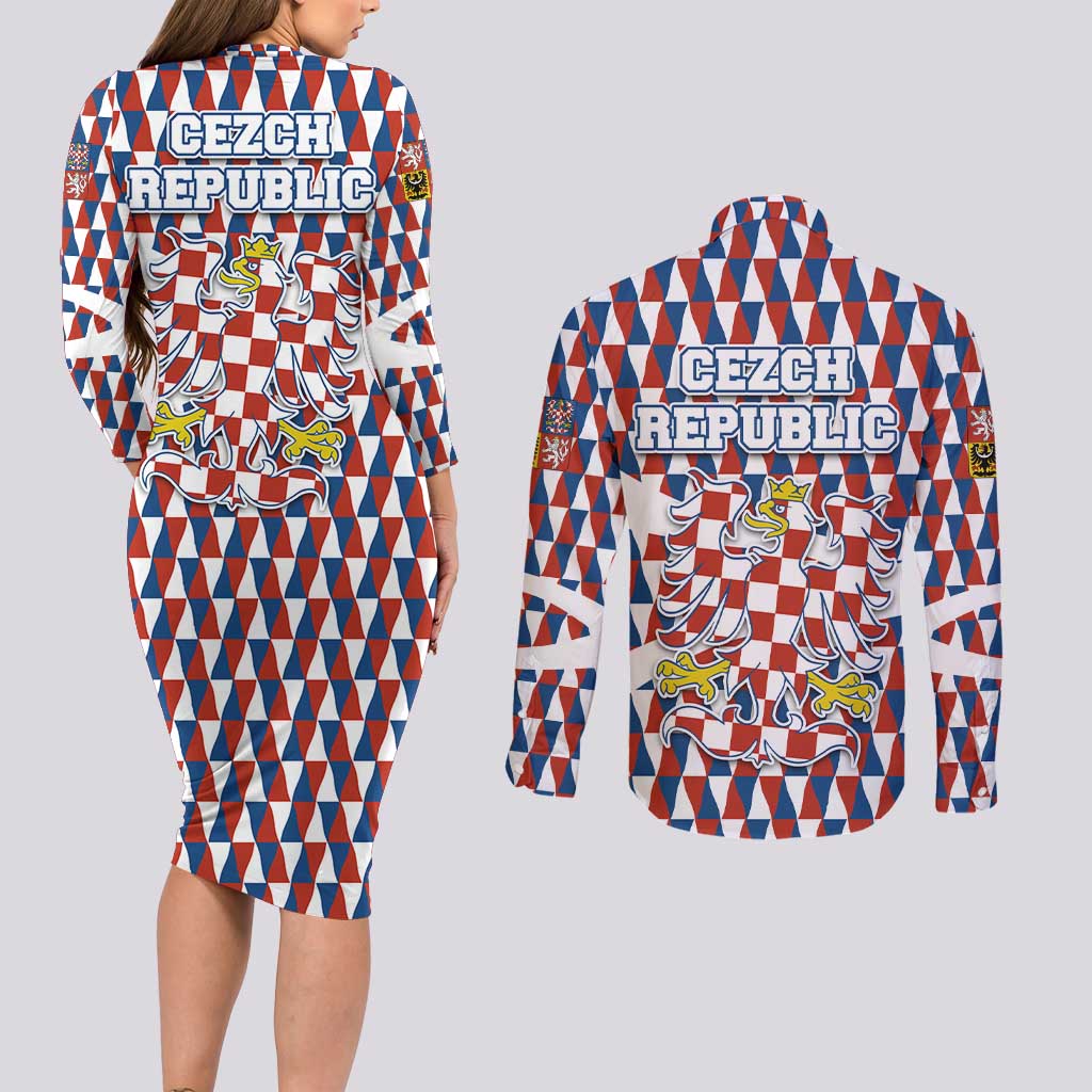 Czech Republic Couples Matching Long Sleeve Bodycon Dress and Long Sleeve Button Shirt with Red Blue Geometric Design and National Lion Shield - Wonder Print Shop
