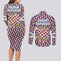Czech Republic Couples Matching Long Sleeve Bodycon Dress and Long Sleeve Button Shirt with Red Blue Geometric Design and National Lion Shield - Wonder Print Shop