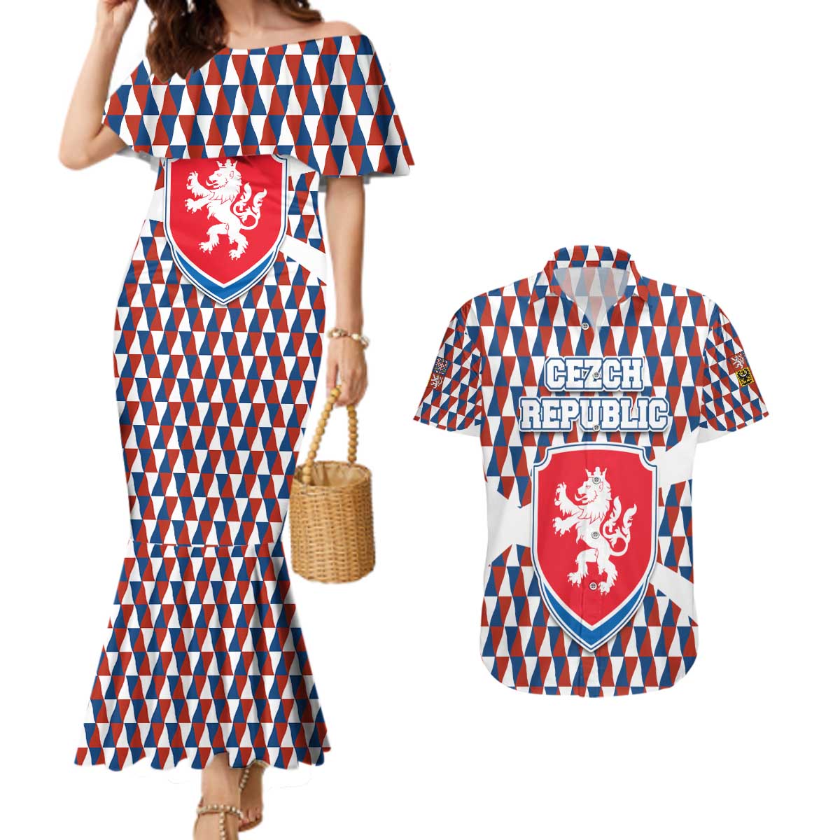 Czech Republic Couples Matching Mermaid Dress and Hawaiian Shirt with Red Blue Geometric Design and National Lion Shield - Wonder Print Shop