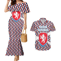 Czech Republic Couples Matching Mermaid Dress and Hawaiian Shirt with Red Blue Geometric Design and National Lion Shield - Wonder Print Shop