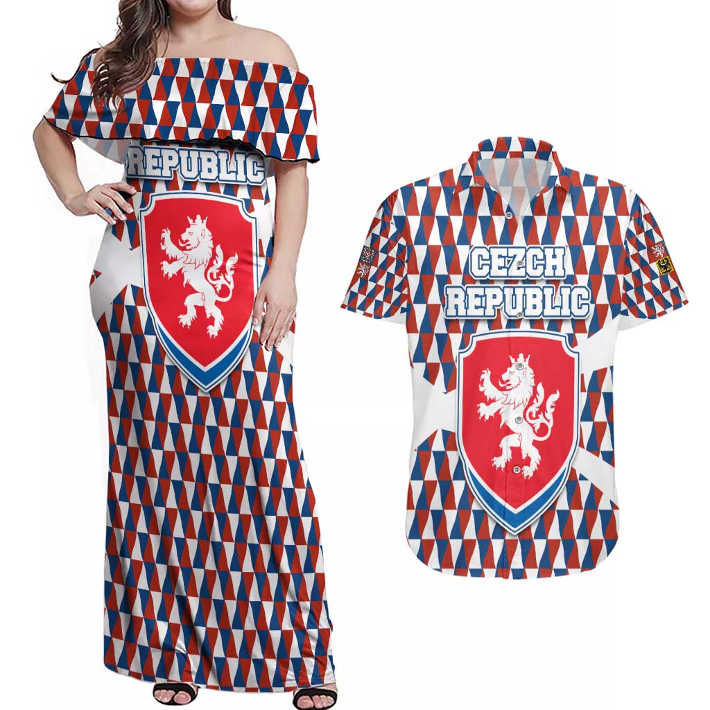 Czech Republic Couples Matching Off Shoulder Maxi Dress and Hawaiian Shirt with Red Blue Geometric Design and National Lion Shield - Wonder Print Shop