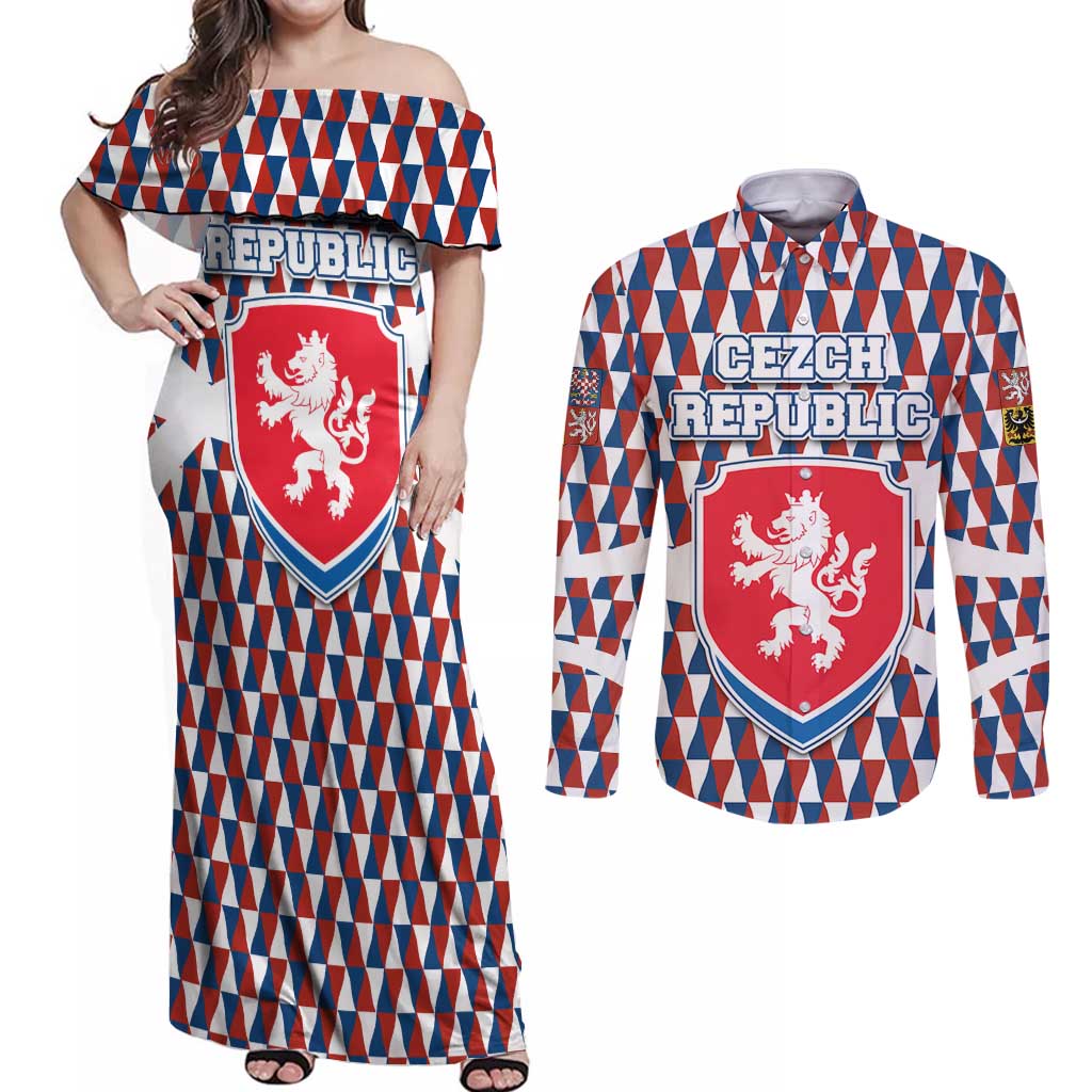 Czech Republic Couples Matching Off Shoulder Maxi Dress and Long Sleeve Button Shirt with Red Blue Geometric Design and National Lion Shield - Wonder Print Shop