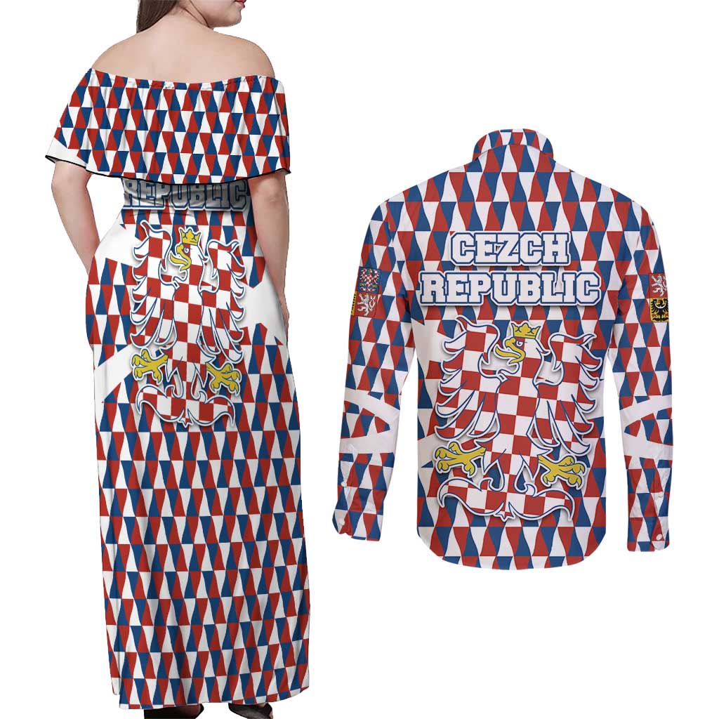 Czech Republic Couples Matching Off Shoulder Maxi Dress and Long Sleeve Button Shirt with Red Blue Geometric Design and National Lion Shield - Wonder Print Shop