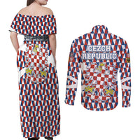 Czech Republic Couples Matching Off Shoulder Maxi Dress and Long Sleeve Button Shirt with Red Blue Geometric Design and National Lion Shield - Wonder Print Shop