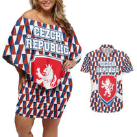Czech Republic Couples Matching Off Shoulder Short Dress and Hawaiian Shirt with Red Blue Geometric Design and National Lion Shield - Wonder Print Shop