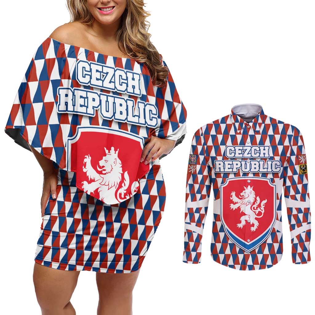 Czech Republic Couples Matching Off Shoulder Short Dress and Long Sleeve Button Shirt with Red Blue Geometric Design and National Lion Shield - Wonder Print Shop