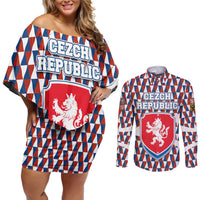 Czech Republic Couples Matching Off Shoulder Short Dress and Long Sleeve Button Shirt with Red Blue Geometric Design and National Lion Shield - Wonder Print Shop