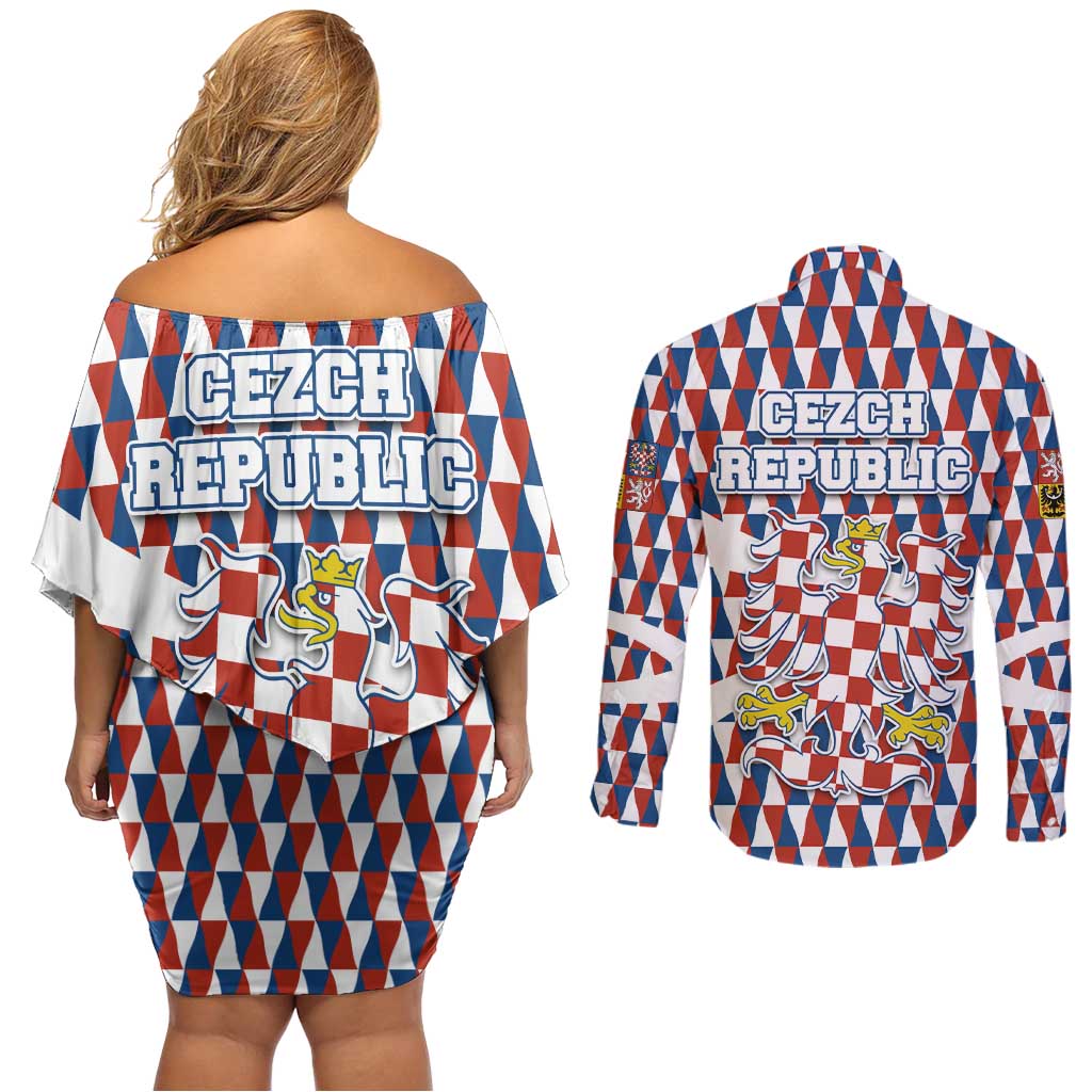 Czech Republic Couples Matching Off Shoulder Short Dress and Long Sleeve Button Shirt with Red Blue Geometric Design and National Lion Shield - Wonder Print Shop