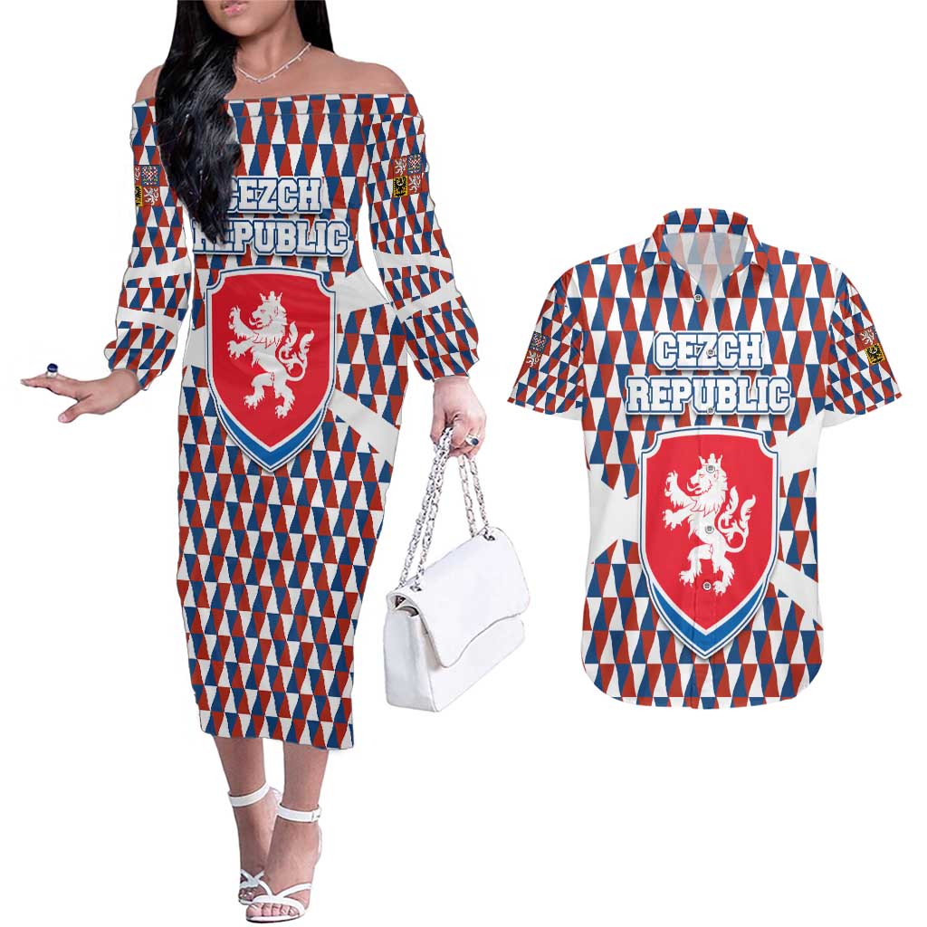 Czech Republic Couples Matching Off The Shoulder Long Sleeve Dress and Hawaiian Shirt with Red Blue Geometric Design and National Lion Shield - Wonder Print Shop