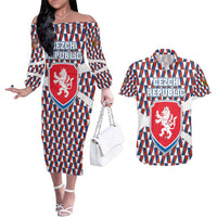 Czech Republic Couples Matching Off The Shoulder Long Sleeve Dress and Hawaiian Shirt with Red Blue Geometric Design and National Lion Shield - Wonder Print Shop