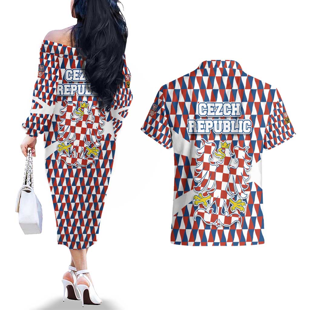 Czech Republic Couples Matching Off The Shoulder Long Sleeve Dress and Hawaiian Shirt with Red Blue Geometric Design and National Lion Shield - Wonder Print Shop