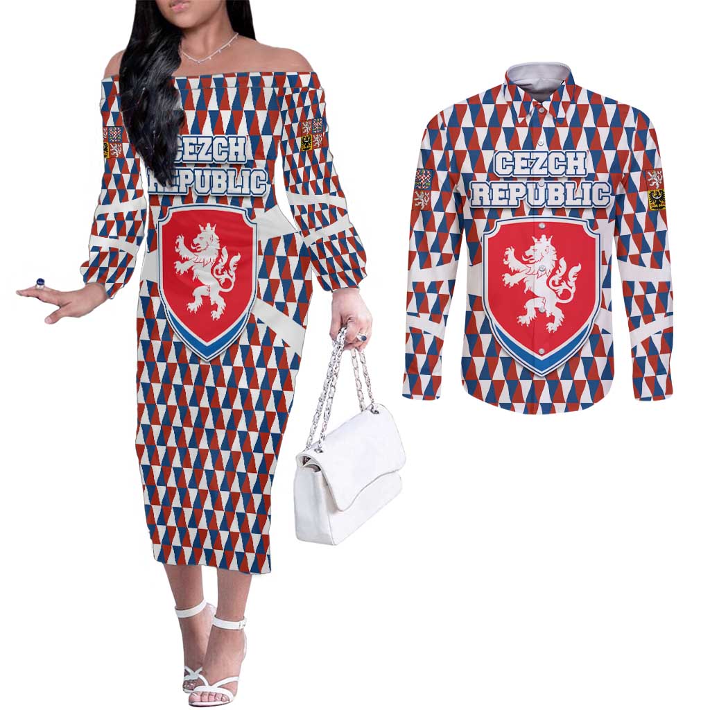 Czech Republic Couples Matching Off The Shoulder Long Sleeve Dress and Long Sleeve Button Shirt with Red Blue Geometric Design and National Lion Shield - Wonder Print Shop