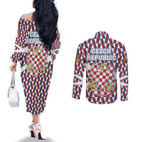 Czech Republic Couples Matching Off The Shoulder Long Sleeve Dress and Long Sleeve Button Shirt with Red Blue Geometric Design and National Lion Shield - Wonder Print Shop