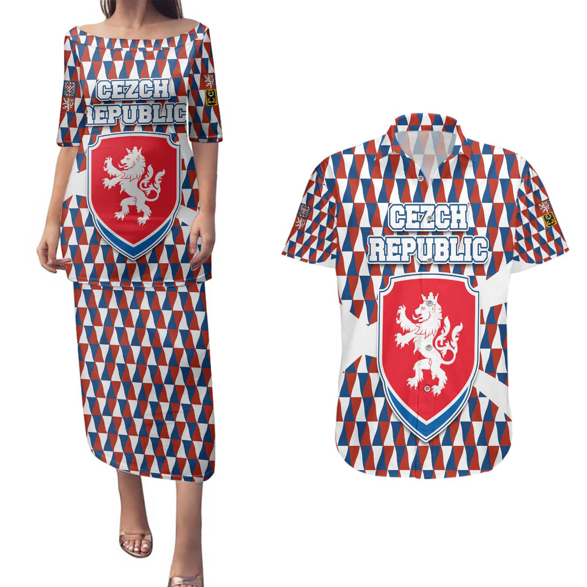 Czech Republic Couples Matching Puletasi and Hawaiian Shirt with Red Blue Geometric Design and National Lion Shield - Wonder Print Shop