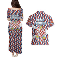 Czech Republic Couples Matching Puletasi and Hawaiian Shirt with Red Blue Geometric Design and National Lion Shield - Wonder Print Shop