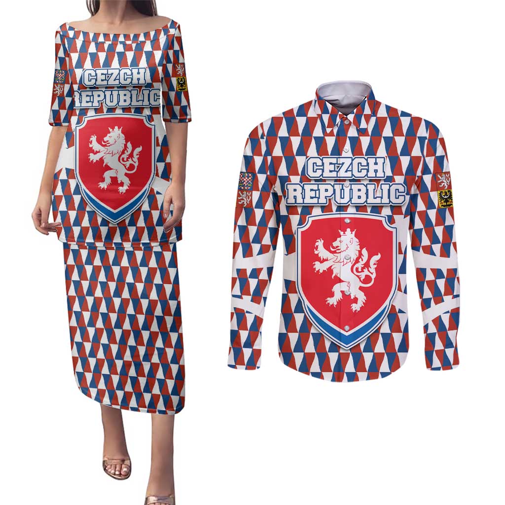 Czech Republic Couples Matching Puletasi and Long Sleeve Button Shirt with Red Blue Geometric Design and National Lion Shield - Wonder Print Shop