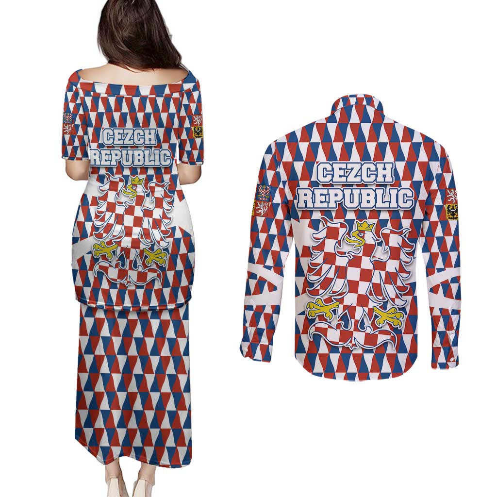Czech Republic Couples Matching Puletasi and Long Sleeve Button Shirt with Red Blue Geometric Design and National Lion Shield - Wonder Print Shop