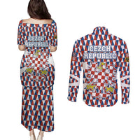 Czech Republic Couples Matching Puletasi and Long Sleeve Button Shirt with Red Blue Geometric Design and National Lion Shield - Wonder Print Shop