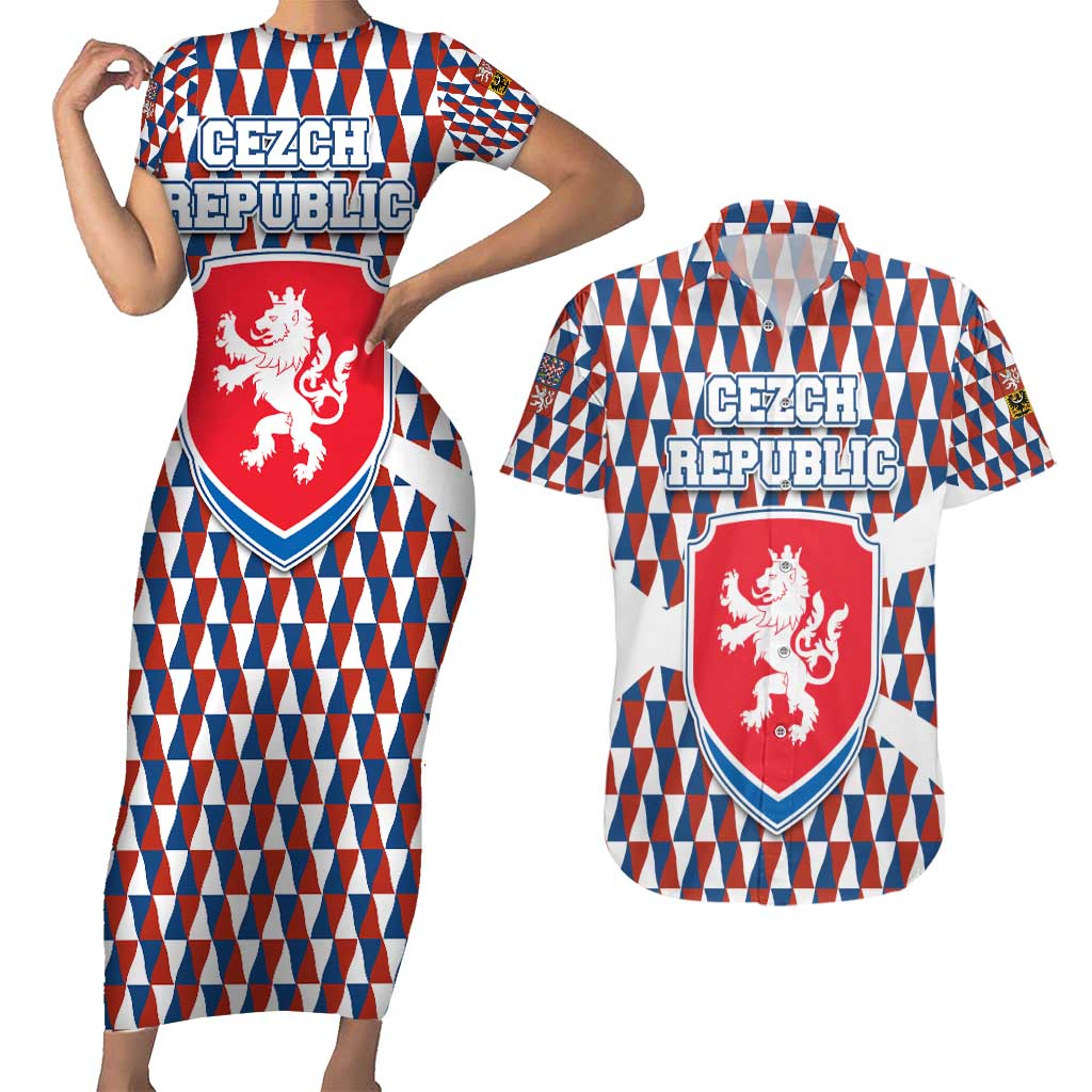 Czech Republic Couples Matching Short Sleeve Bodycon Dress and Hawaiian Shirt with Red Blue Geometric Design and National Lion Shield - Wonder Print Shop