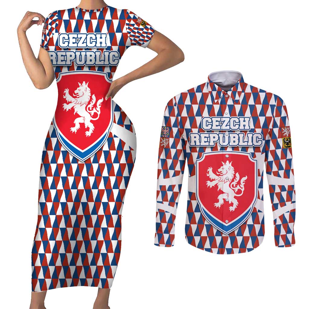 Czech Republic Couples Matching Short Sleeve Bodycon Dress and Long Sleeve Button Shirt with Red Blue Geometric Design and National Lion Shield - Wonder Print Shop