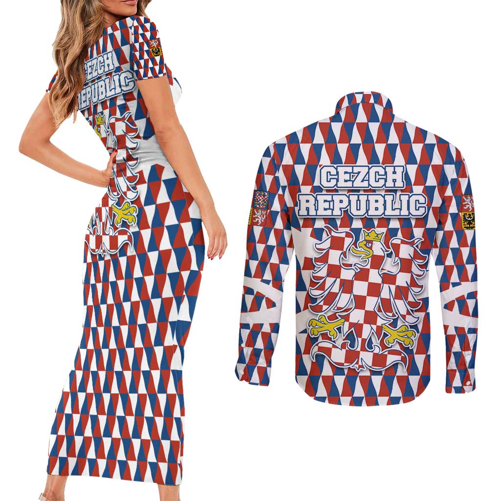 Czech Republic Couples Matching Short Sleeve Bodycon Dress and Long Sleeve Button Shirt with Red Blue Geometric Design and National Lion Shield - Wonder Print Shop