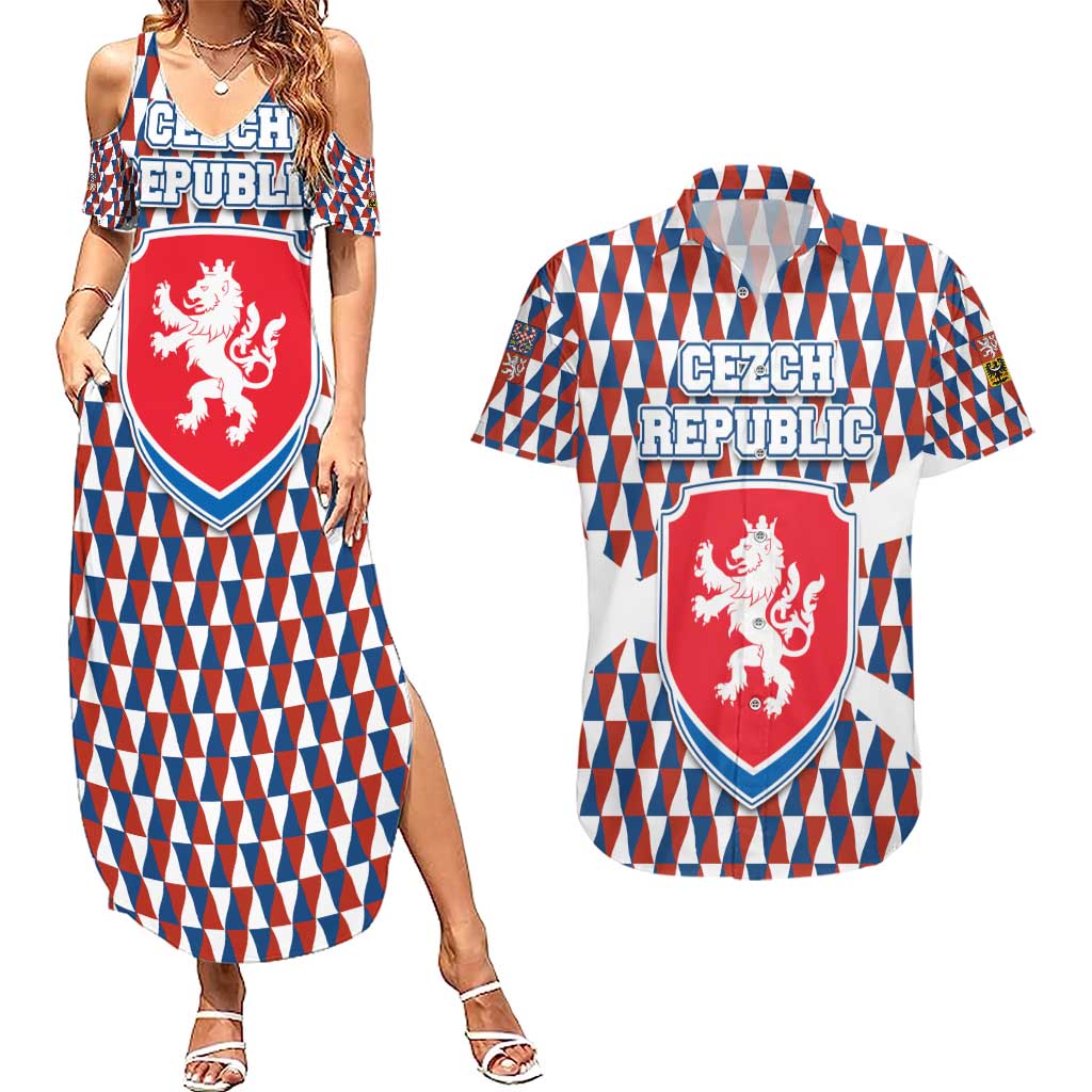 Czech Republic Couples Matching Summer Maxi Dress and Hawaiian Shirt with Red Blue Geometric Design and National Lion Shield - Wonder Print Shop