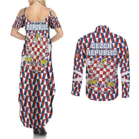 Czech Republic Couples Matching Summer Maxi Dress and Long Sleeve Button Shirt with Red Blue Geometric Design and National Lion Shield - Wonder Print Shop