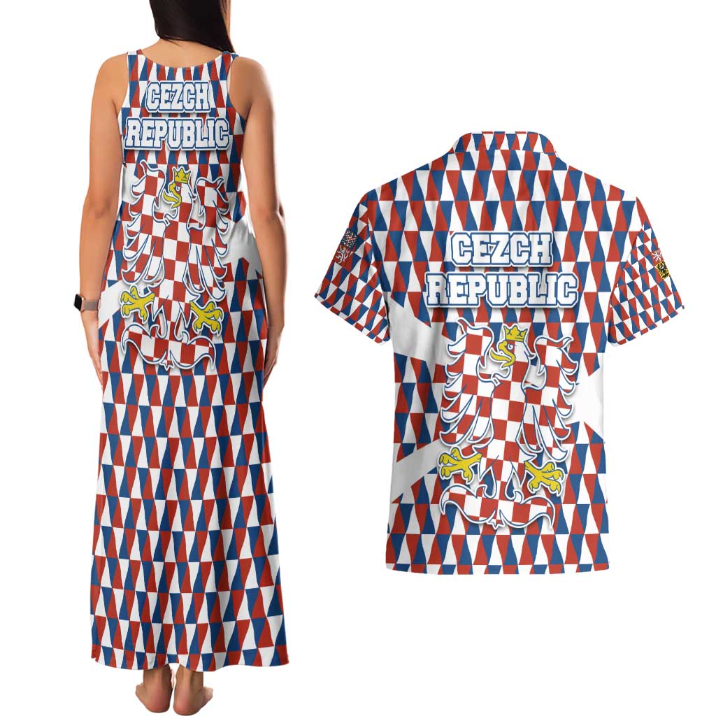 Czech Republic Couples Matching Tank Maxi Dress and Hawaiian Shirt with Red Blue Geometric Design and National Lion Shield - Wonder Print Shop
