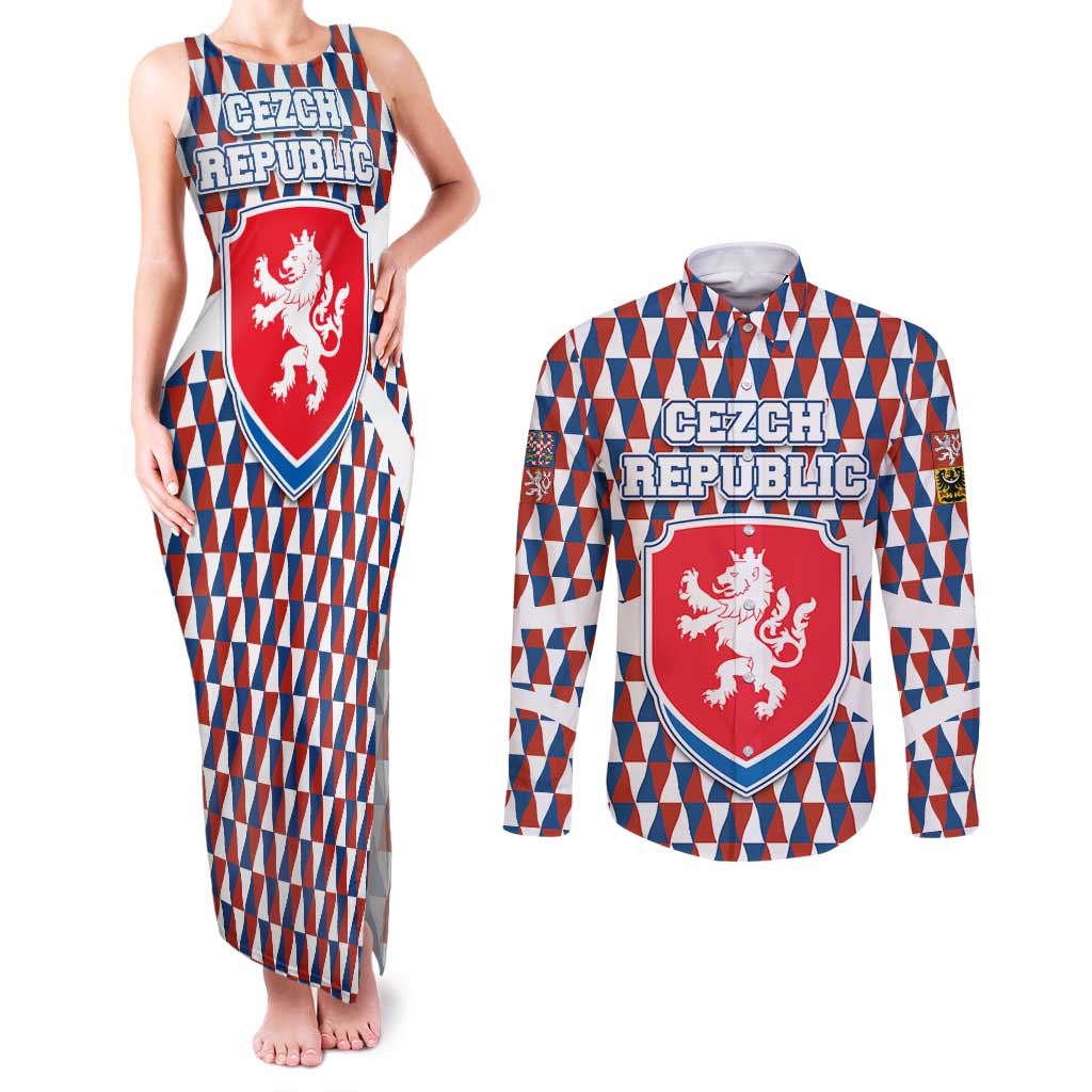 Czech Republic Couples Matching Tank Maxi Dress and Long Sleeve Button Shirt with Red Blue Geometric Design and National Lion Shield - Wonder Print Shop