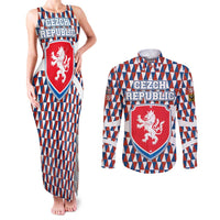 Czech Republic Couples Matching Tank Maxi Dress and Long Sleeve Button Shirt with Red Blue Geometric Design and National Lion Shield - Wonder Print Shop
