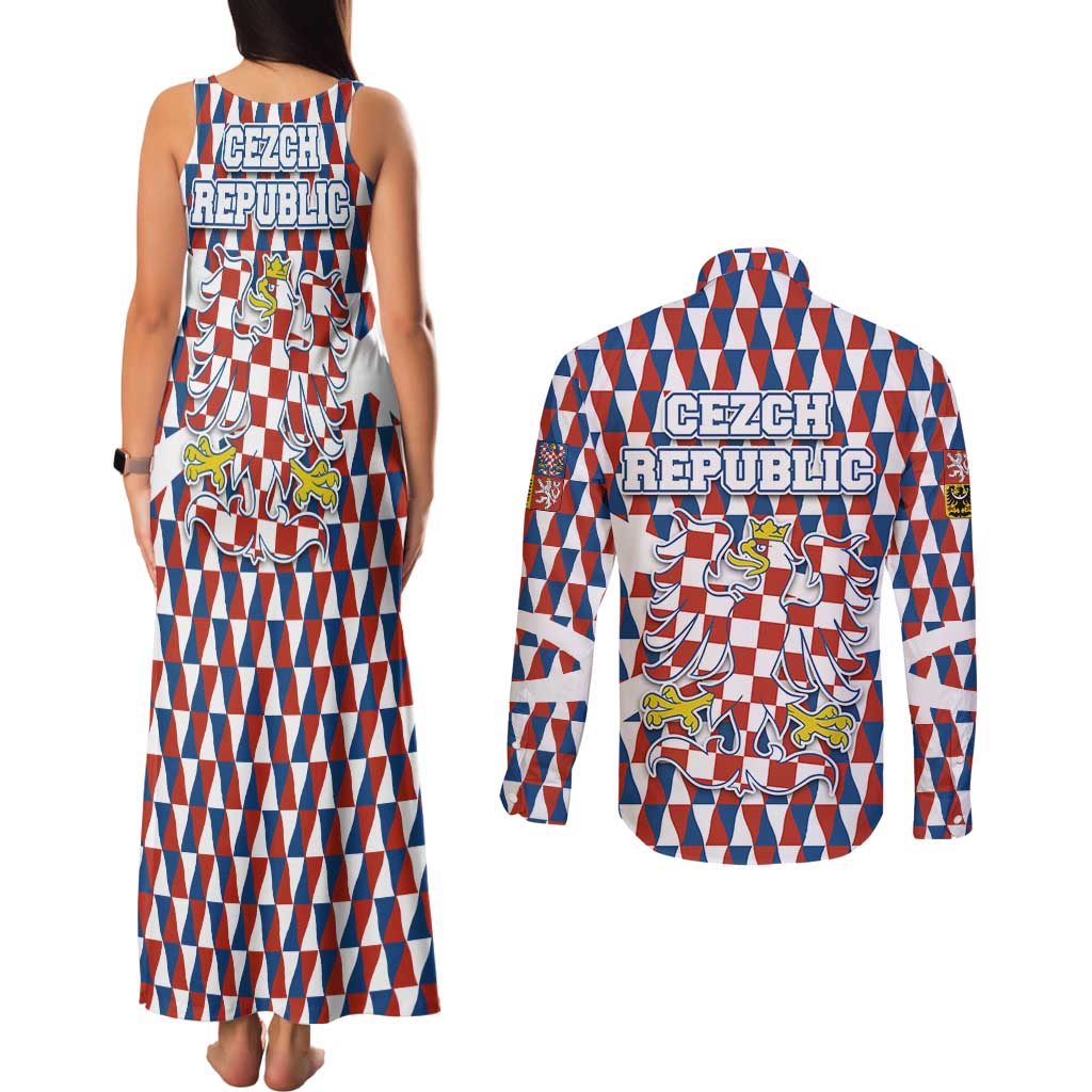 Czech Republic Couples Matching Tank Maxi Dress and Long Sleeve Button Shirt with Red Blue Geometric Design and National Lion Shield - Wonder Print Shop