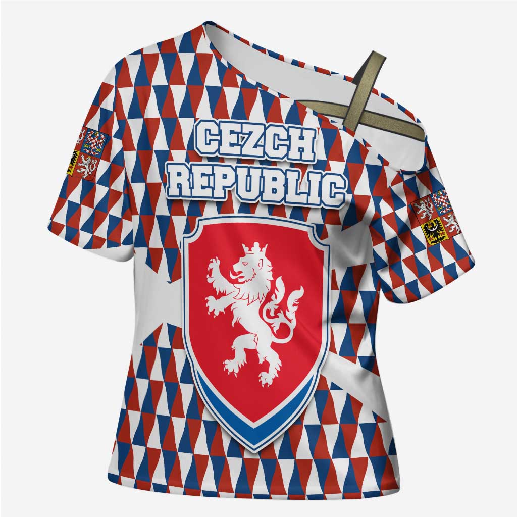Czech Republic Cross Shoulder Shirt with Red Blue Geometric Design and National Lion Shield - Wonder Print Shop