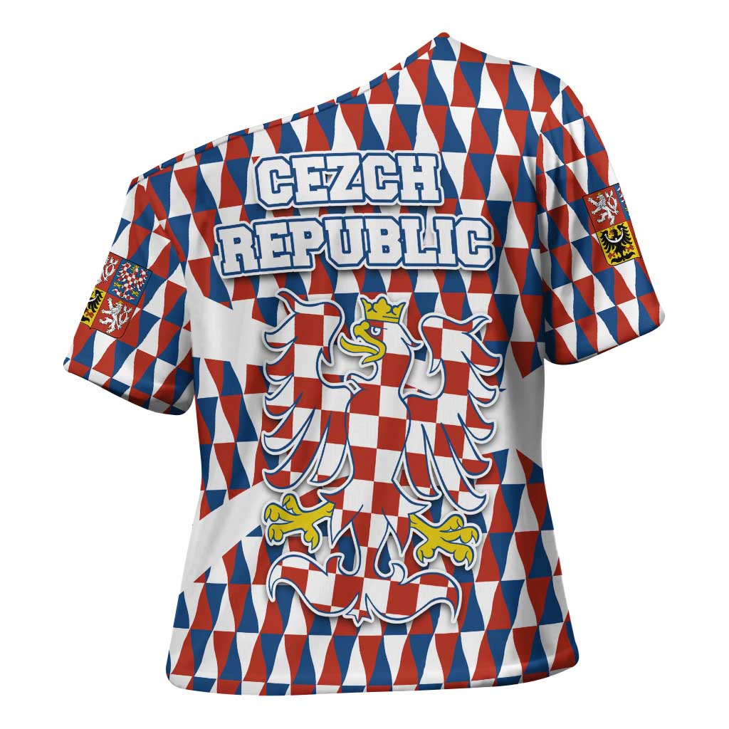 Czech Republic Cross Shoulder Shirt with Red Blue Geometric Design and National Lion Shield - Wonder Print Shop