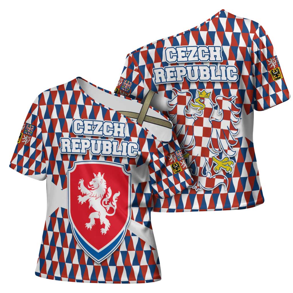 Czech Republic Cross Shoulder Shirt with Red Blue Geometric Design and National Lion Shield - Wonder Print Shop