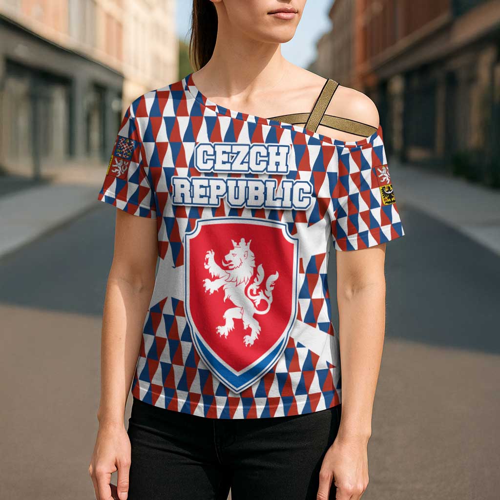 Czech Republic Cross Shoulder Shirt with Red Blue Geometric Design and National Lion Shield - Wonder Print Shop