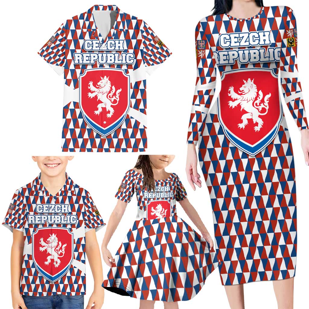 Czech Republic Family Matching Long Sleeve Bodycon Dress and Hawaiian Shirt with Red Blue Geometric Design and National Lion Shield - Wonder Print Shop