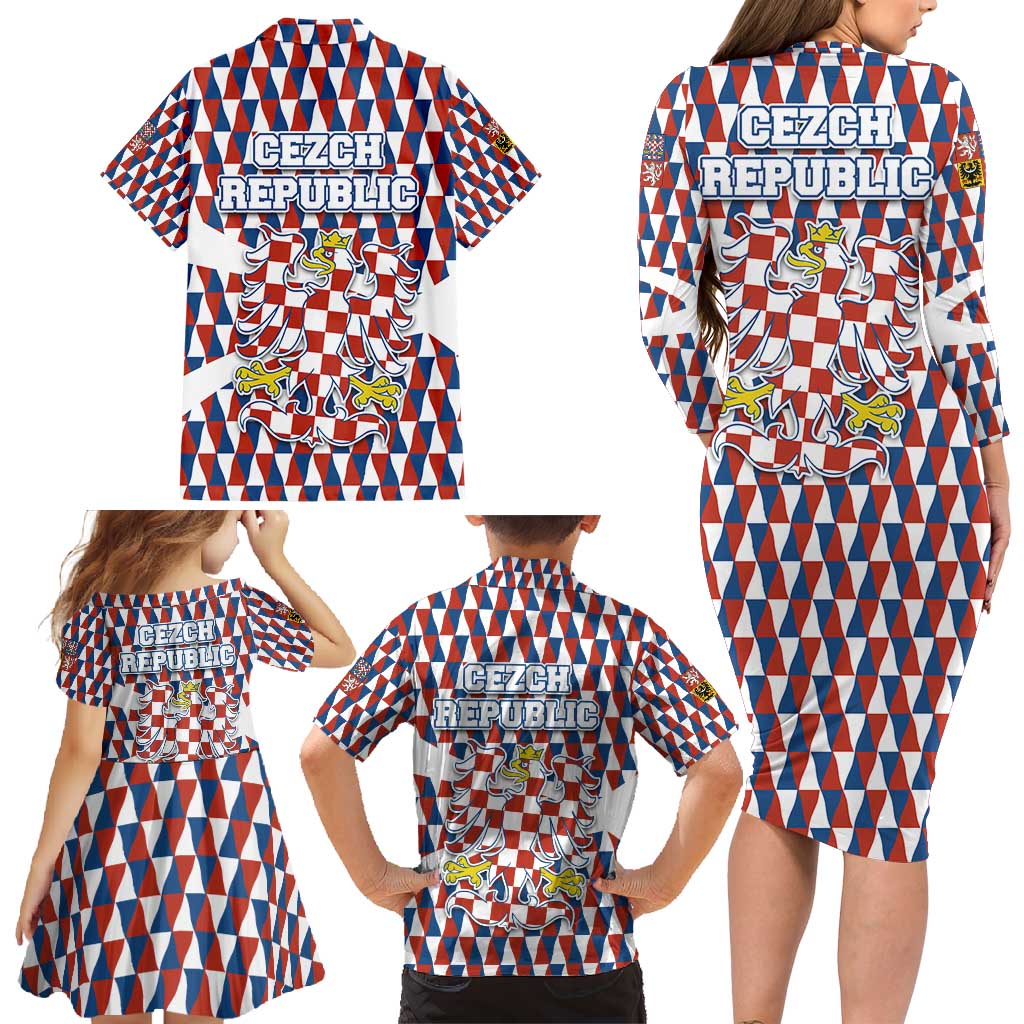 Czech Republic Family Matching Long Sleeve Bodycon Dress and Hawaiian Shirt with Red Blue Geometric Design and National Lion Shield - Wonder Print Shop